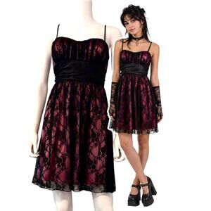 Y2K Mall Goth Pink Satin Black Lace Overlay Party Dress Size Medium Formal Prom